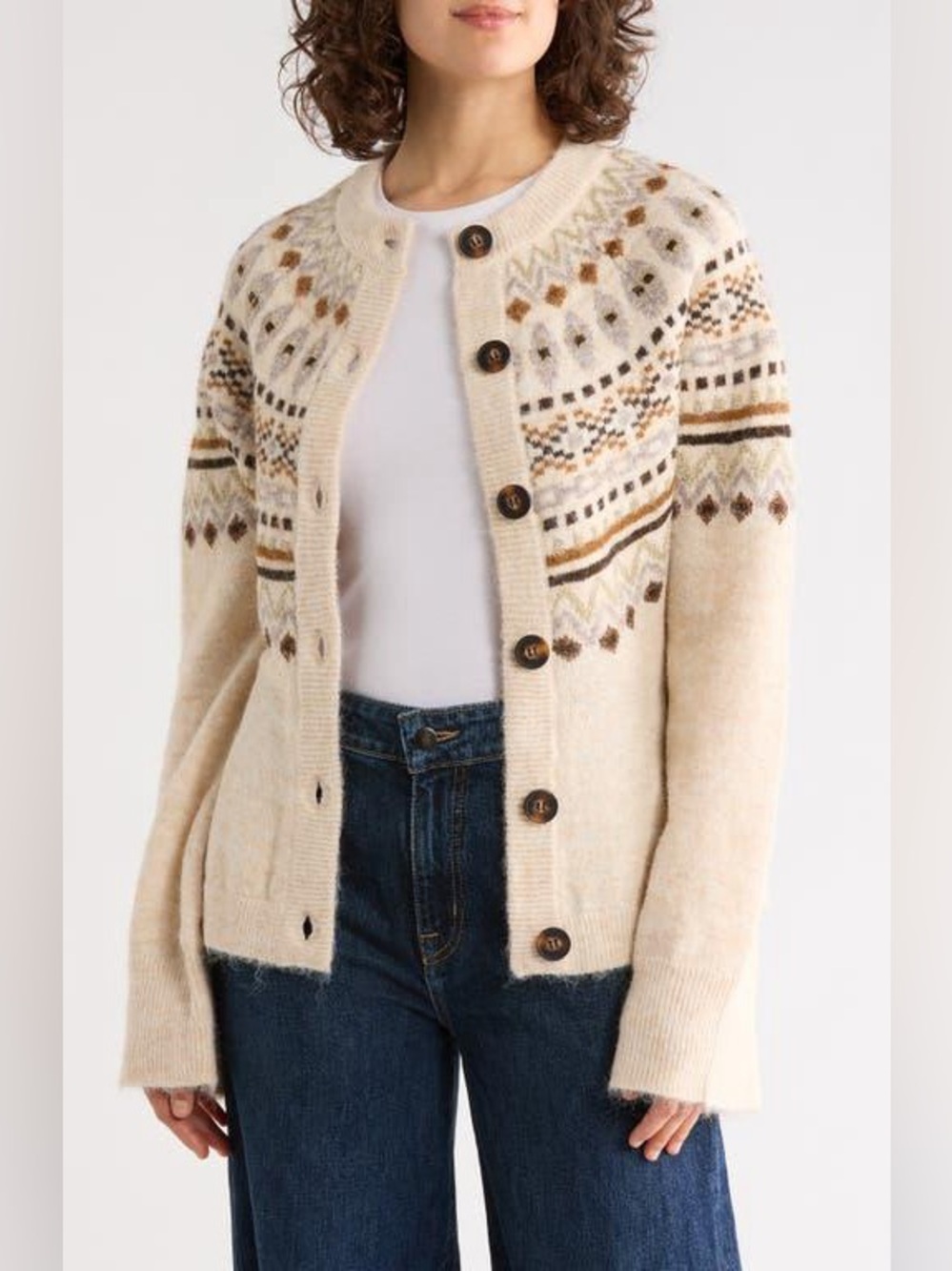 Blank NYC Fair Isle Peplum Cardigan in Cream - Size Medium